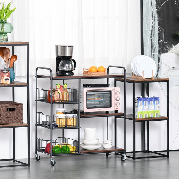 Industrial-Style Kitchen Dining Storage Cart Trolley W/ Shelves Baskets Wheels