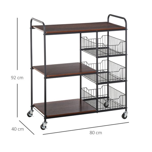 Industrial-Style Kitchen Dining Storage Cart Trolley W/ Shelves Baskets Wheels