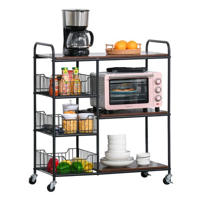 Industrial-Style Kitchen Dining Storage Cart Trolley W/ Shelves Baskets Wheels