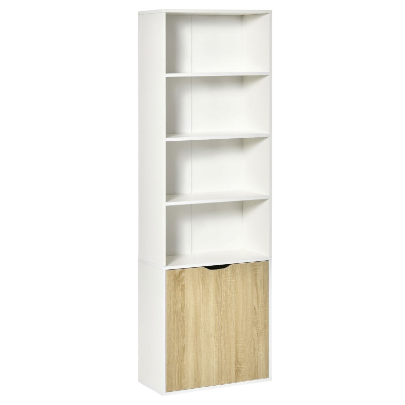 2 Door 4 Shelves Tall Bookcase Modern Storage, White And Oak