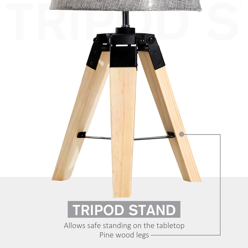 HOMCOM Wooden Tripod Table Lamp for Side, Desk or End Table with E27 Bulb Base（Grey Shade）