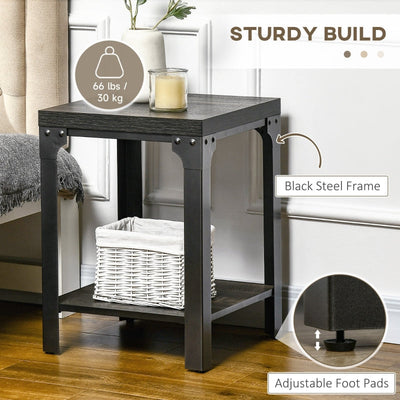 Industrial Side Table Set Of 2 With Storage Shelf, Dark Walnut