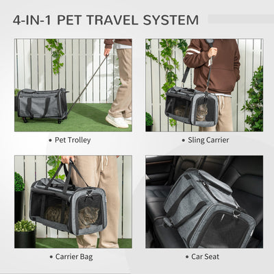 PawHut 4 in 1 Pet Carrier Portable Cat Carrier Foldable Dog Bag On Wheels for Cats, Miniature Dogs w/ Telescopic Handle, Grey