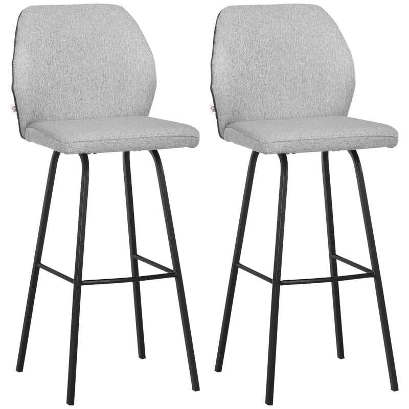 HOMCOM Bar Stools Set of 2, Linen-Touch Upholstered Bar Chairs, Kitchen Stools with Backs and Steel Legs, Light Grey