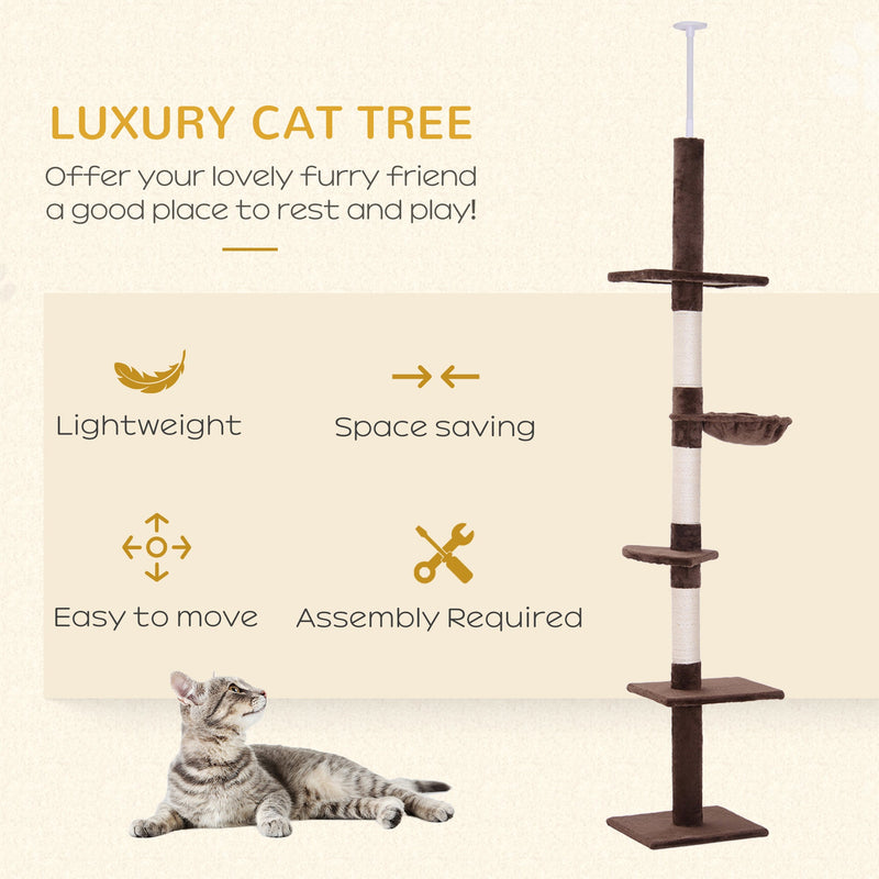 Árbol para gatos PawHut de piso a techo para gatos de interior, torre para gatos de 5 niveles, centro de actividades para escalar, poste rascador, altura ajustable de 230 a 260 cm, color marrón