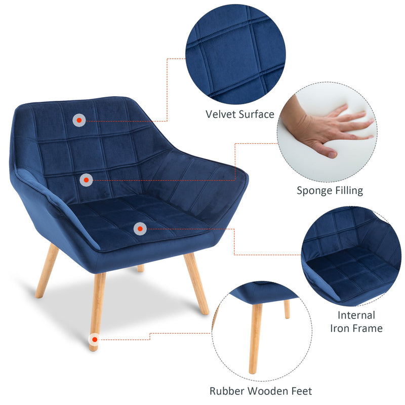 HOMCOM Armchair Accent Chair Wide Arms Slanted Back Padding Iron Frame Wooden Legs Home Bedroom Furniture Seating Blue