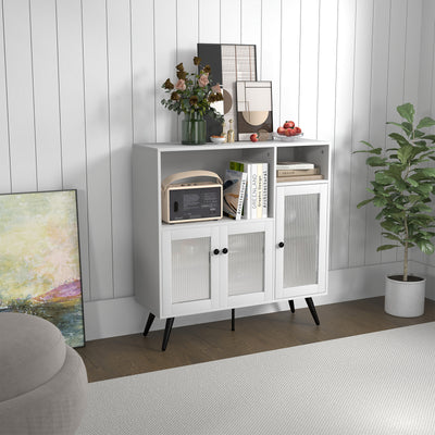 Industrial Wooden Kitchen Storage Cabinet with Tempered Glass Doors-White