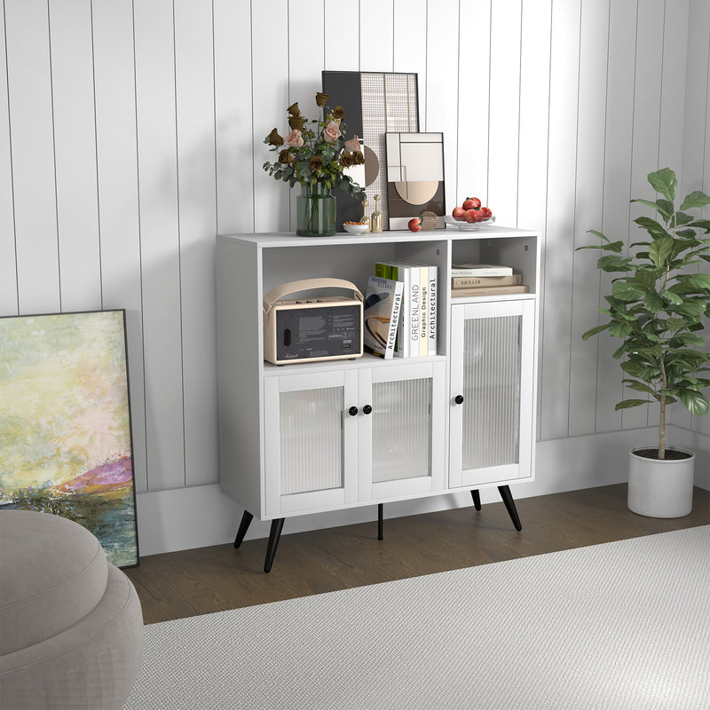 Industrial Wooden Kitchen Storage Cabinet with Tempered Glass Doors-White