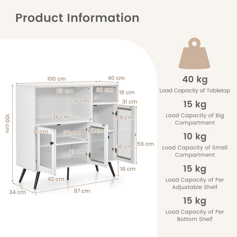 Industrial Wooden Kitchen Storage Cabinet with Tempered Glass Doors-White