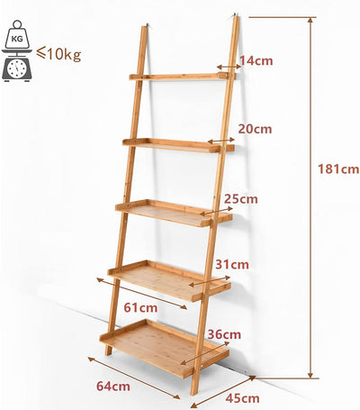 Estante de escalera de bambú de 5 niveles con deflector elevado para sala de estar