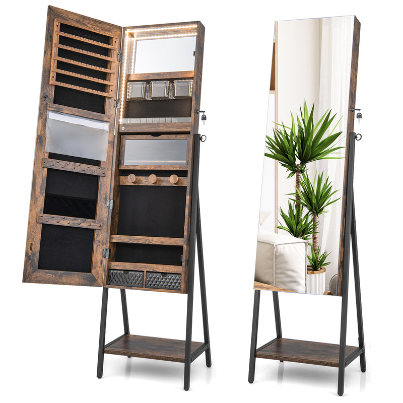 Lockable Floor Jewelry Armoire Organizer with Full-Length Mirror-Rustic Brown