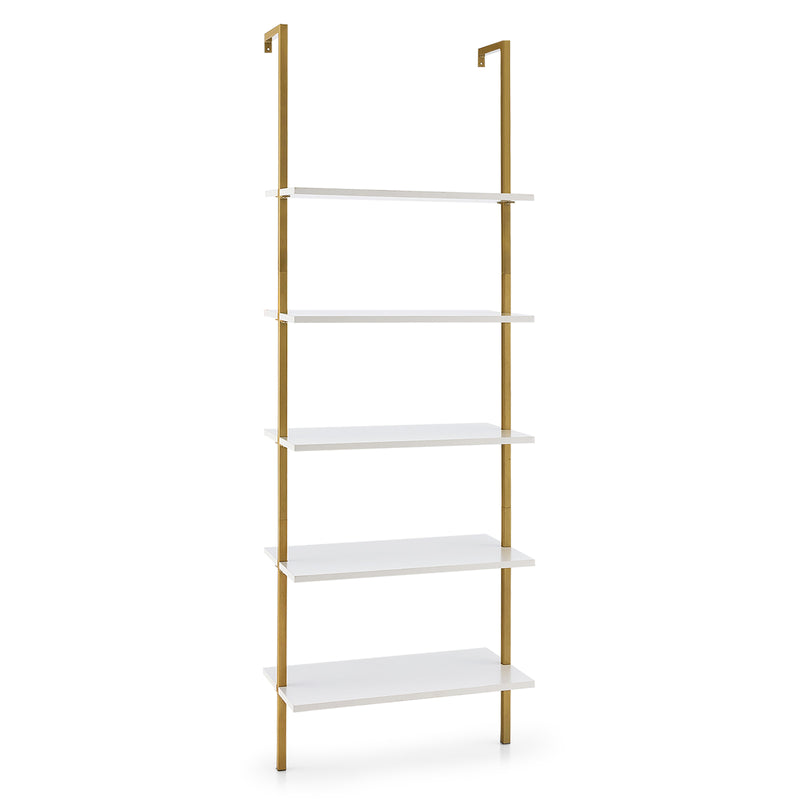 Estantería de escalera de 5 niveles con estructura de acero para sala de estar, dormitorio, oficina, color blanco y dorado