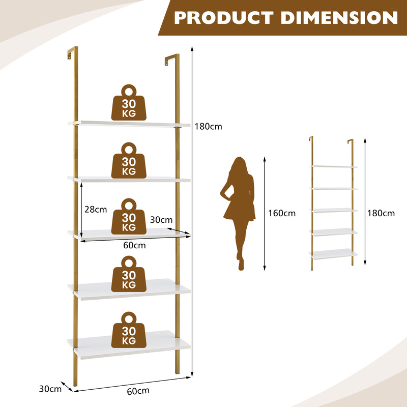 Estantería de escalera de 5 niveles con estructura de acero para sala de estar, dormitorio, oficina, color blanco y dorado