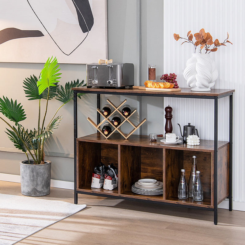 Modern Buffet Sideboard with Steel Frame Open Shelf and 3 Compartments-Rustic Brown