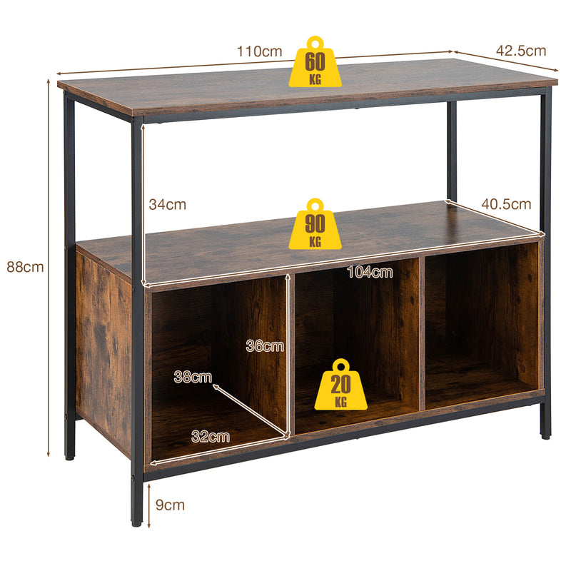 Modern Buffet Sideboard with Steel Frame Open Shelf and 3 Compartments-Rustic Brown