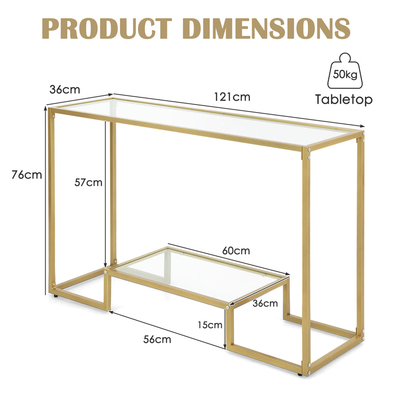 Mesa de entrada con kit antivuelco y estantes de vidrio templado, color dorado