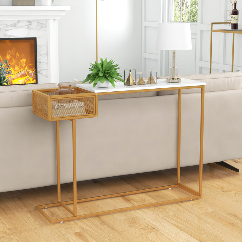 Gold Console Table with Storage Basket and Sturdy Metal Frame-Golden