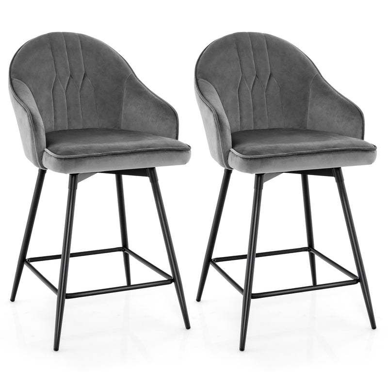 Counter Height Velvet Upholstery Bar Chairs with Steel Legs and Footrest-Grey