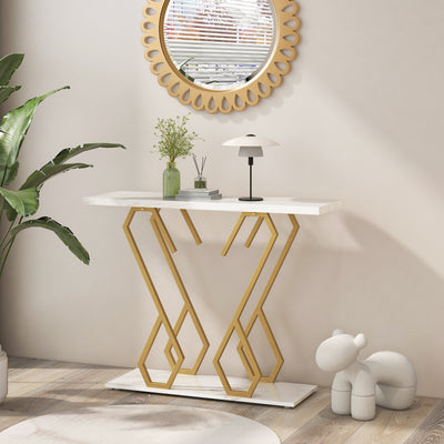 Faux Marble Console Table with Adjustable Foot Pads-White