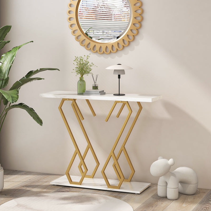 Faux Marble Console Table with Adjustable Foot Pads-White