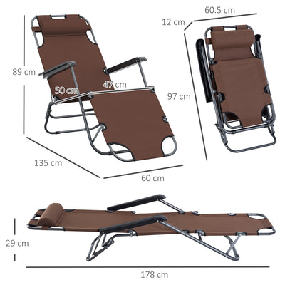 Outsunny 2 Pieces Foldable Sun Loungers with Adjustable Back, Outdoor Reclining Garden Chairs with Pillow and Armrests, Brown