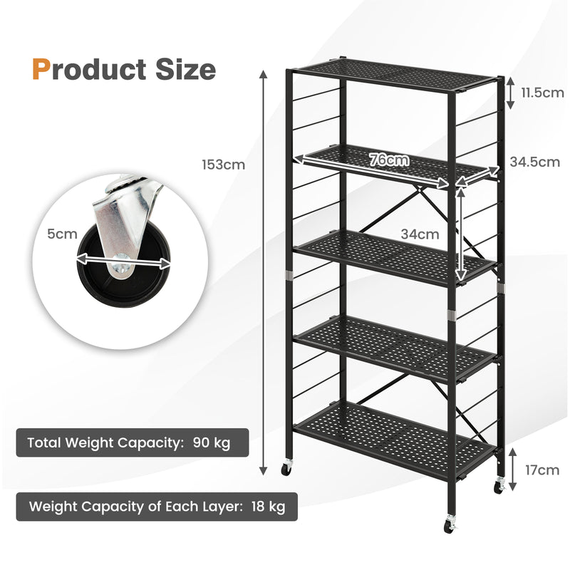 Estantes de almacenamiento plegables de 5 niveles con estantes ajustables y ruedas, color negro