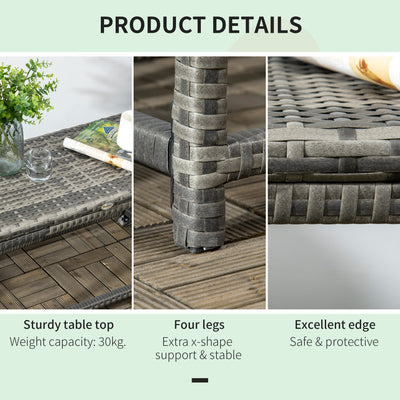 Outsunny Outdoor Coffee Table, Garden PE Rattan Side Table with Plastic Board Under the Full Woven Table Top and X-Shape Support for Patio Mixed Grey