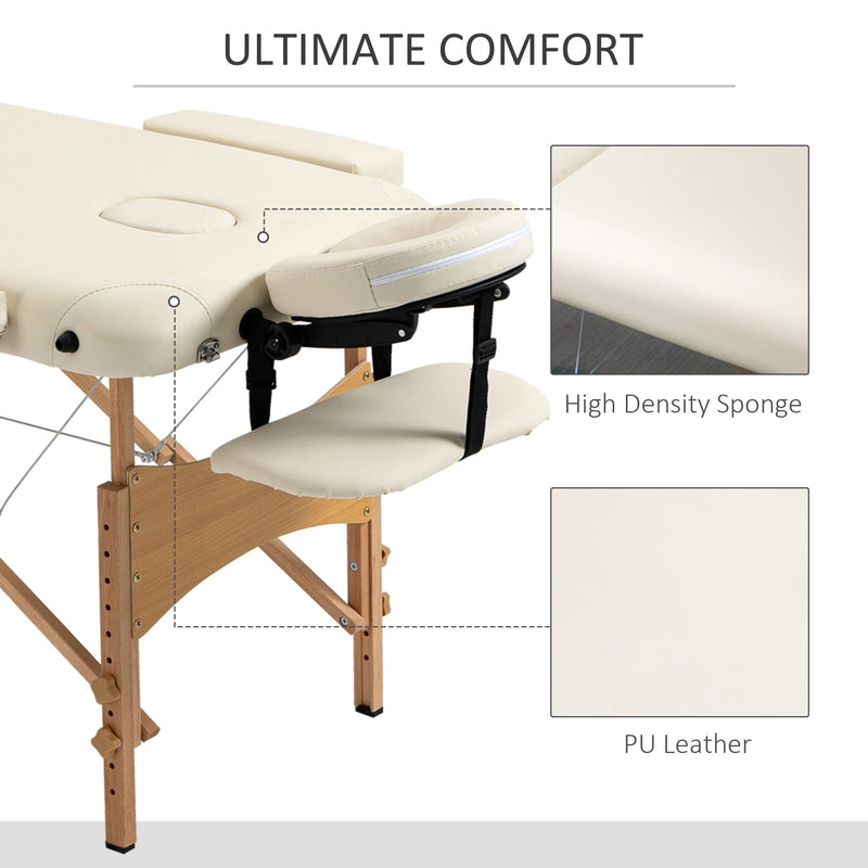 HOMCOM Portable Massage Bed, Folding Spa Beauty Massage Table with 2 Sections, Carry Bag and Wooden Frame, Cream