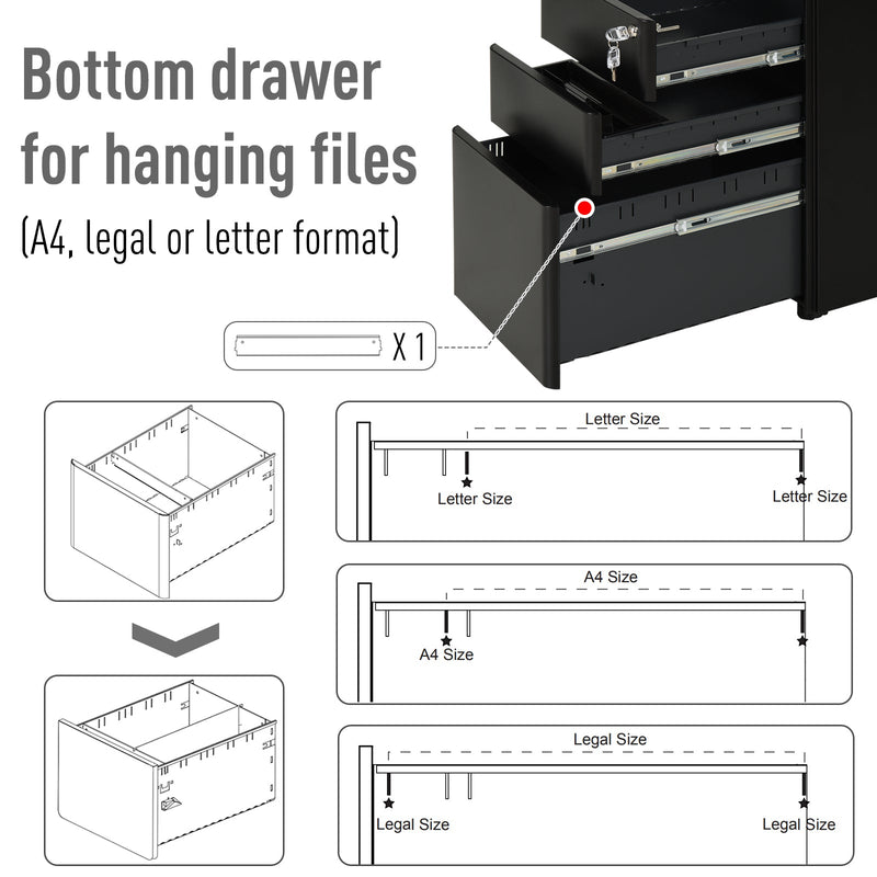 Vinsetto Fully Assembled 3 Drawer Steel Metal Filing Cabinet Lockable Rolling Vertical File Cabinet Black