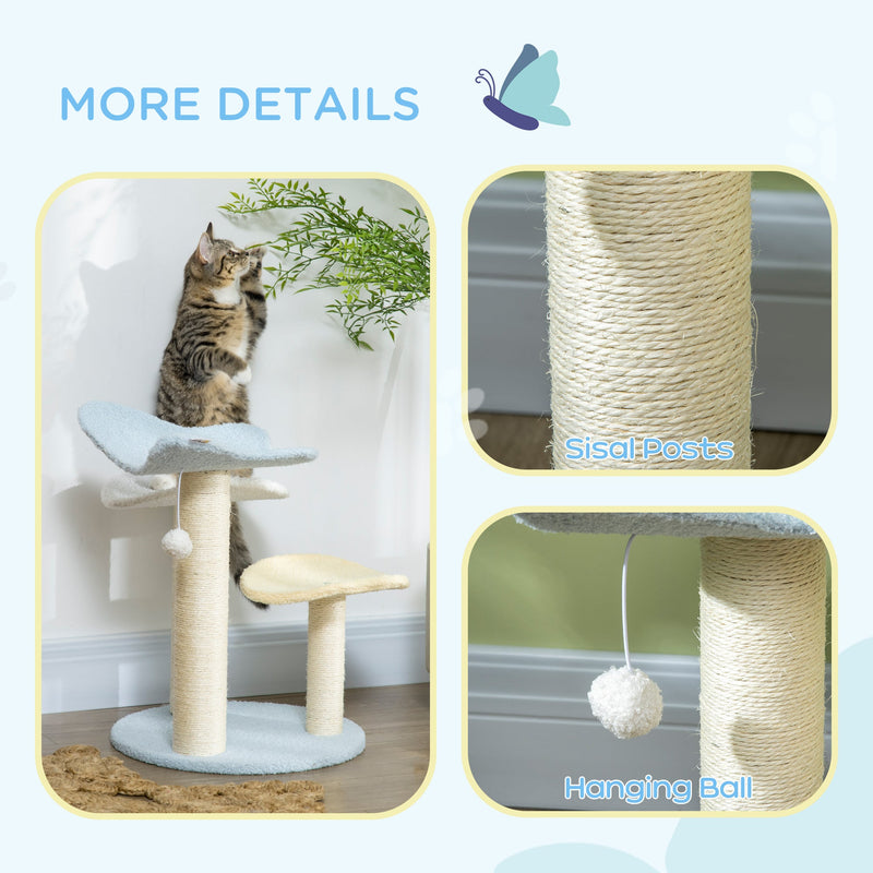 PawHut 54cm Cat Towers for Indoor Cats, Cat Tree Top Butterfly Shape Design Kitten Play Tower w/ Sisal Scratching Post, Toy Ball, 40 x 40 x 54cm, Blue