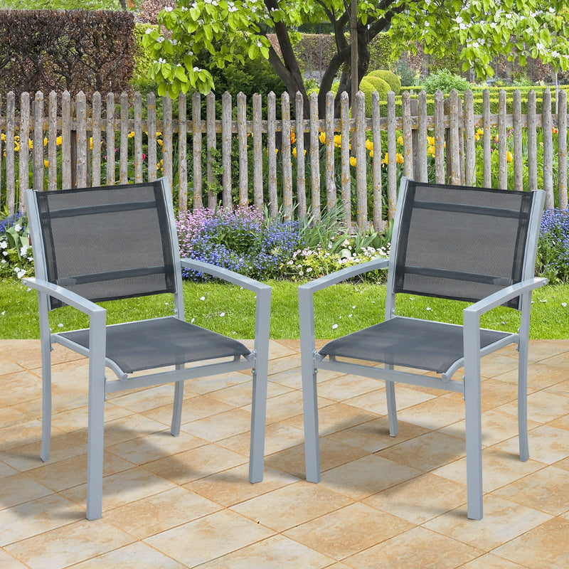 Outsunny Set Of 2 Outdoor Chairs Square Steel Frame Texteline Seats Foot Caps Mesh Boxy Comfortable Easy Clean Black Grey