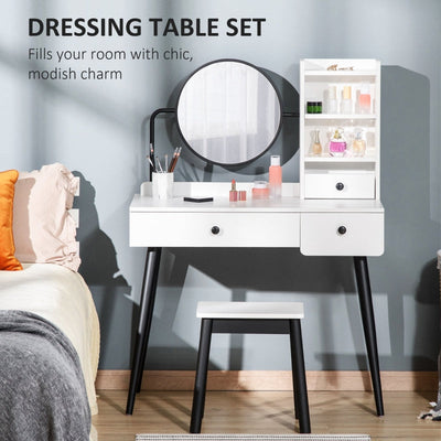 Dressing Table Set With Mirror And Stool, Living White