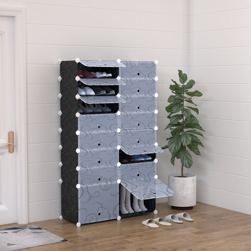 16-Cube DIY Shoes Rack, 95L x 37W x 160Hcm-Black/White