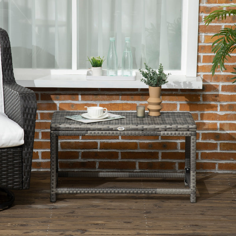 Outsunny Outdoor Coffee Table, Garden PE Rattan Side Table with Plastic Board Under the Full Woven Table Top and X-Shape Support for Patio Mixed Grey