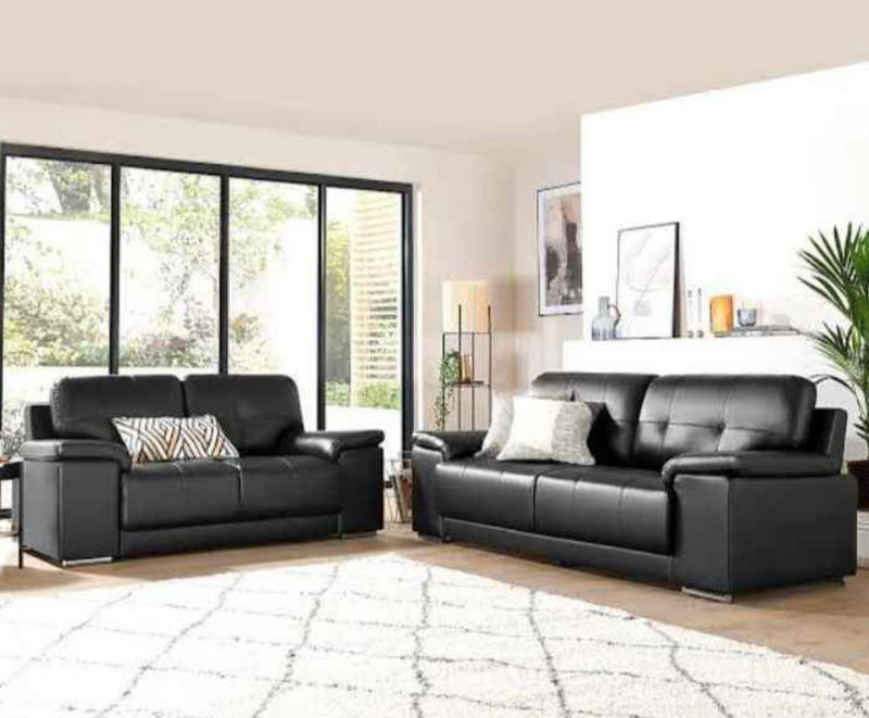 Kansas Leather 3+2 Seater Sofa Set in Black