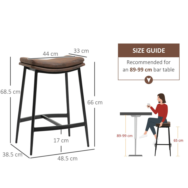 HOMCOM Breakfast Bar Stools Set of 2, Microfibre Upholstered Barstools, Industrial Bar Chairs with Curved Seat and Steel Frame for Dining Room, Kitchen, Brown