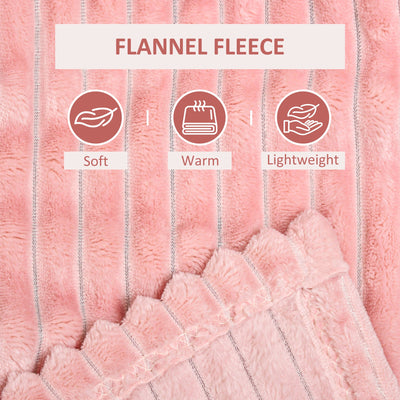 HOMCOM Flannel Fleece Blanket for Sofas, All-Season Fluffy Warm Throw Blanket for Bed, Couch, Chair, Striped Reversible Travel Bedspread, Single Size, 152 x 127cm, Pink