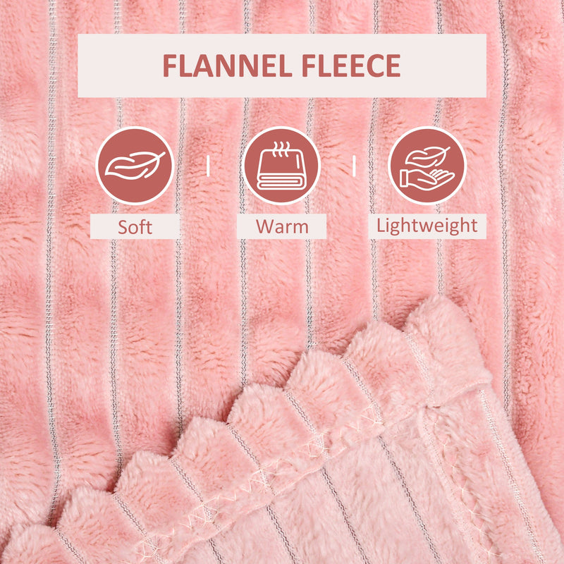 HOMCOM Flannel Fleece Blanket for Sofas, All-Season Fluffy Warm Throw Blanket for Bed, Couch, Chair, Striped Reversible Travel Bedspread, Single Size, 152 x 127cm, Pink