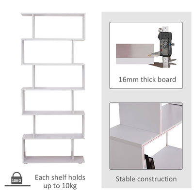 HOMCOM S Shape Wooden 6-tier Bookshelf Open Concept Bookcase Storage Display Unit for Home Office Living Room, White