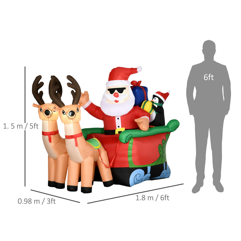 Outsunny 6ft Inflatable Christmas Santa Claus and Penguin on Sleigh with 2 Reindeer, Blow-Up Outdoor LED Yard Display