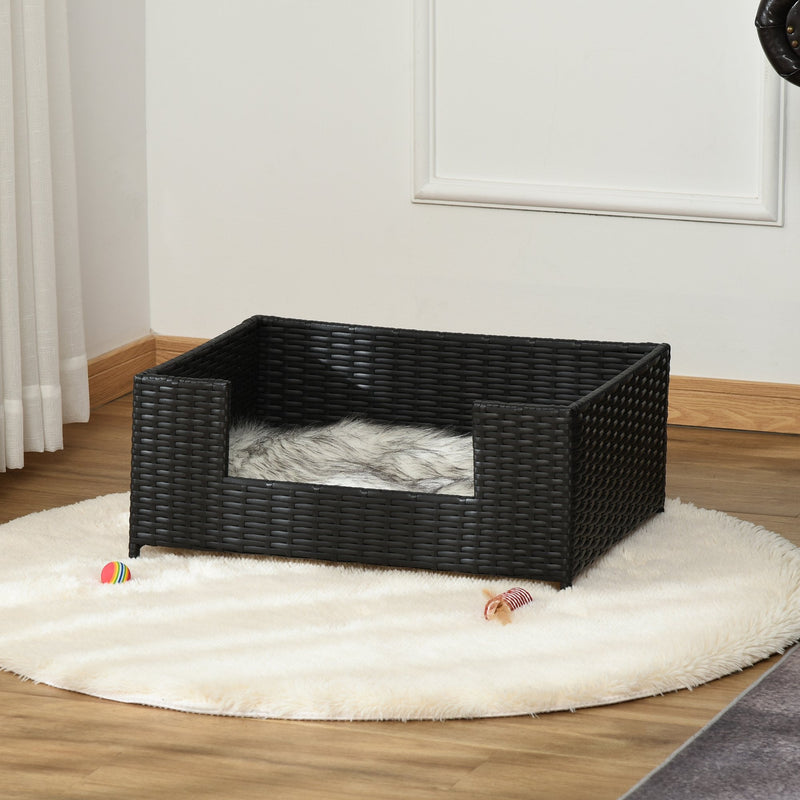 PawHut Rattan Dog Cat Bed Four Feet Pet House Hand-knitted Metal Small Animal Sofa Rattan with Soft Machine Washable Cushion Black 61L x 46W x 27H cm