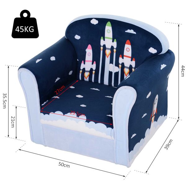 Kids Cartoon Rocket Wooden Frame Single Armchair Sofa - Blue