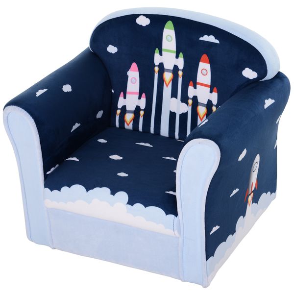 Kids Cartoon Rocket Wooden Frame Single Armchair Sofa - Blue