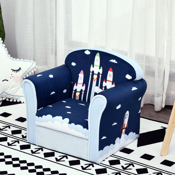 Kids Cartoon Rocket Wooden Frame Single Armchair Sofa - Blue