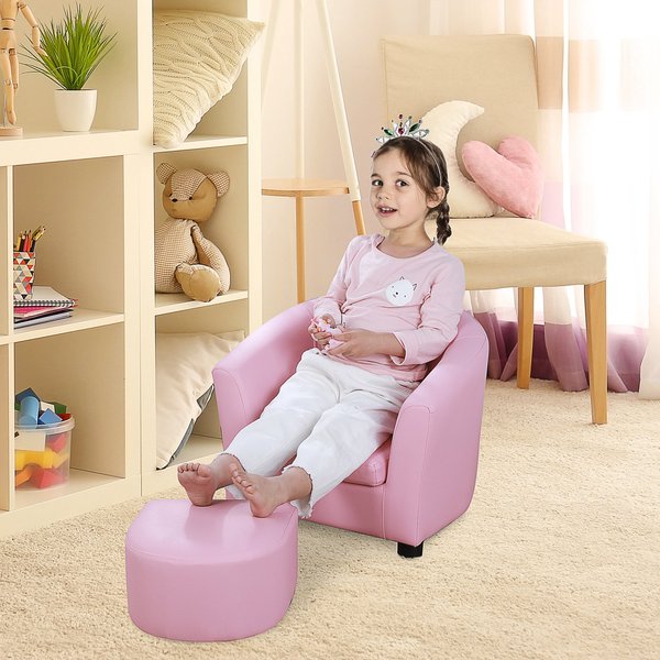 Kids PVC Upholstered Armchair W/ Foot Stool - Pink