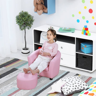 Kids PVC Upholstered Armchair W/ Foot Stool - Pink