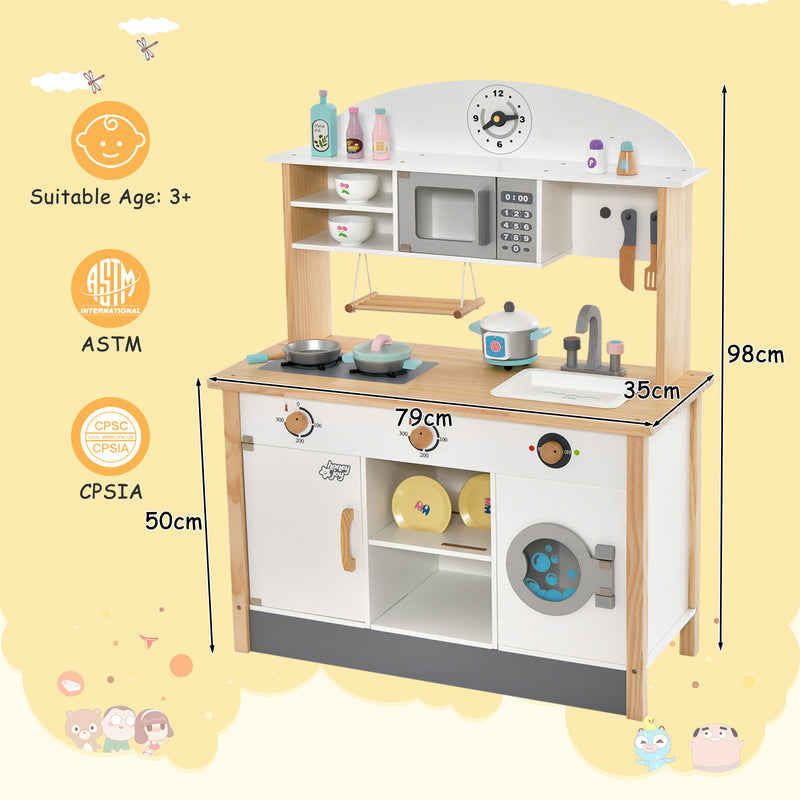 Juego de cocina de madera para niños con horno microondas y lavadora