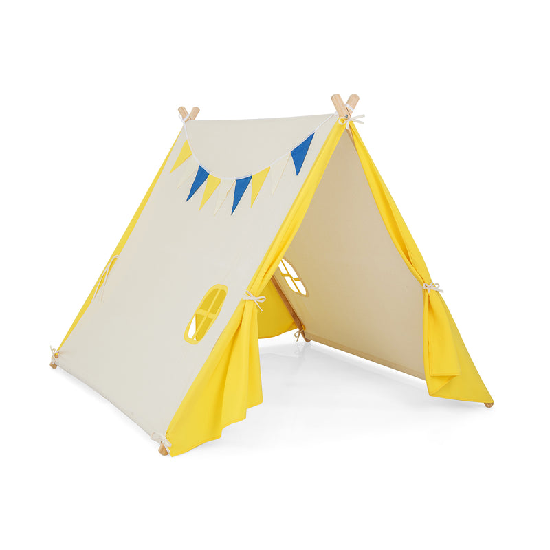 Kids Large Triangular Playhouse Tent with Selected Pine Wood Material-Yellow