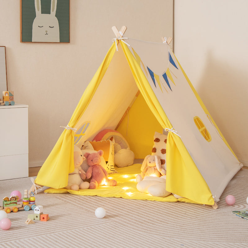 Kids Large Triangular Playhouse Tent with Selected Pine Wood Material-Yellow