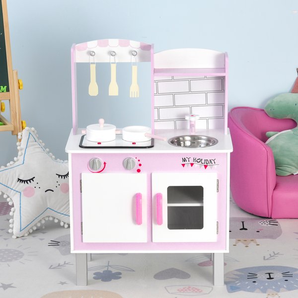 Kids Pretend Kitchen Playset W/ Cooking Toy Accessories - Pink